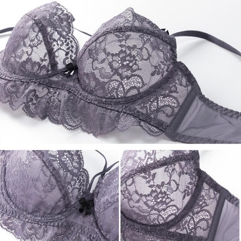 French Women's Sexy Bra Lace Bow Contrast Color Beautiful Breasts Big Breasts Small Thin Underwear Set