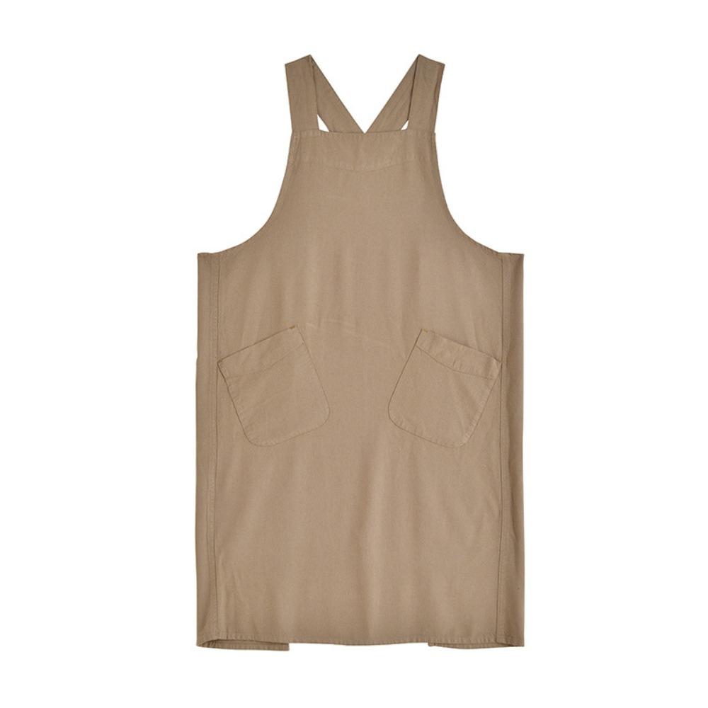 Cotton Linen Kitchen Apron Big Size With Pockets Pinafore Dress Adjustable Straps Japanese Style Cross Back Apron