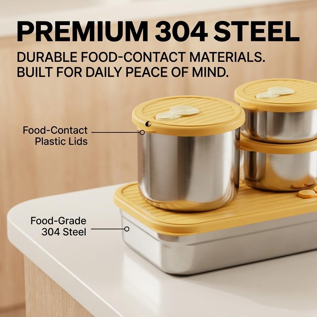Microwavable 304 Stainless Steel Bento Box Set Metal Lunch Box for Adults Kids Meal Prep Snack Food Storage Containers