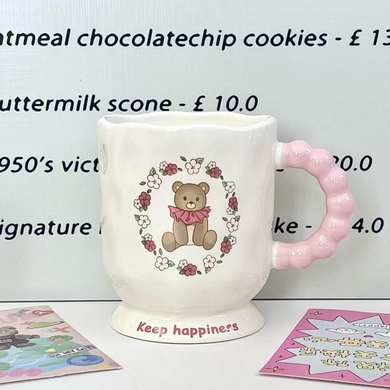 High Looking Cute Little Bear Goblet Cartoon Ceramic Mug with Lid Spoon Girl Coffee Cup Birthday Gift