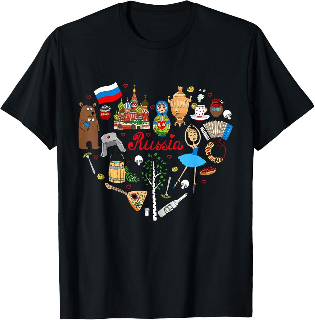 Russia Symbols Heart Collage Graphic Tee Breathable Casual Trip T-Shirt For Men