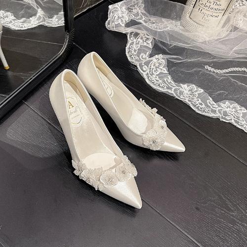 French Bridal Wedding Shoes Satin White Flower Heels Fairy Princess Style Bridesmaid Dress Stiletto Pumps
