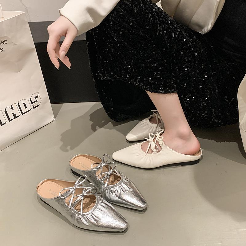 Fashion Female Shoes Butterfly-Knot Slippers Women Summer Increased Internal Low 2025 Silver Fabric Mary Janes PU Rubber Rome Butterfly-