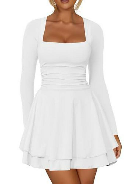 European & American Women's Square Neck Long Sleeve Slim Fit Short Dress - Beach Vacation Style