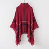 European and American High Neck Plaid Cape - Batwing Sleeve Knitted Pullover Shawl for Women