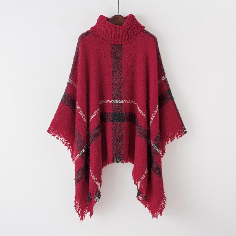 European and American High Neck Plaid Cape - Batwing Sleeve Knitted Pullover Shawl for Women