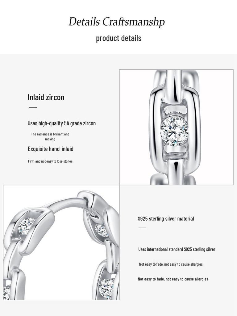 Tide S925 Sterling Silver Diamond Ear Hoops - Women's Punk Cold Style Fashion Earrings