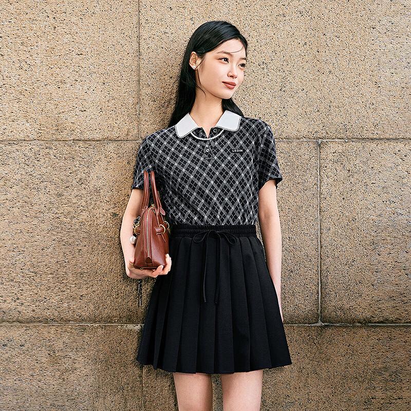 LEDING Women s 2026 Summer Color-block Shirt Collar Short Dress L