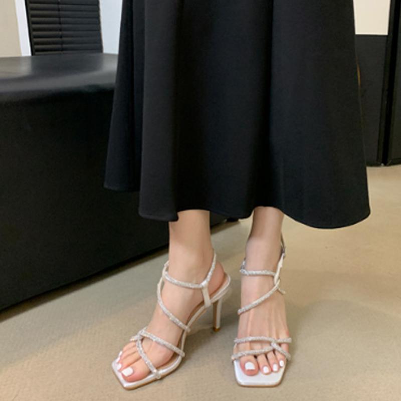 Women Elegant Crystals Sandals Square Open Toe Cross-Tied Buckle High Heels Sexy Party Banquet Dress Shoes