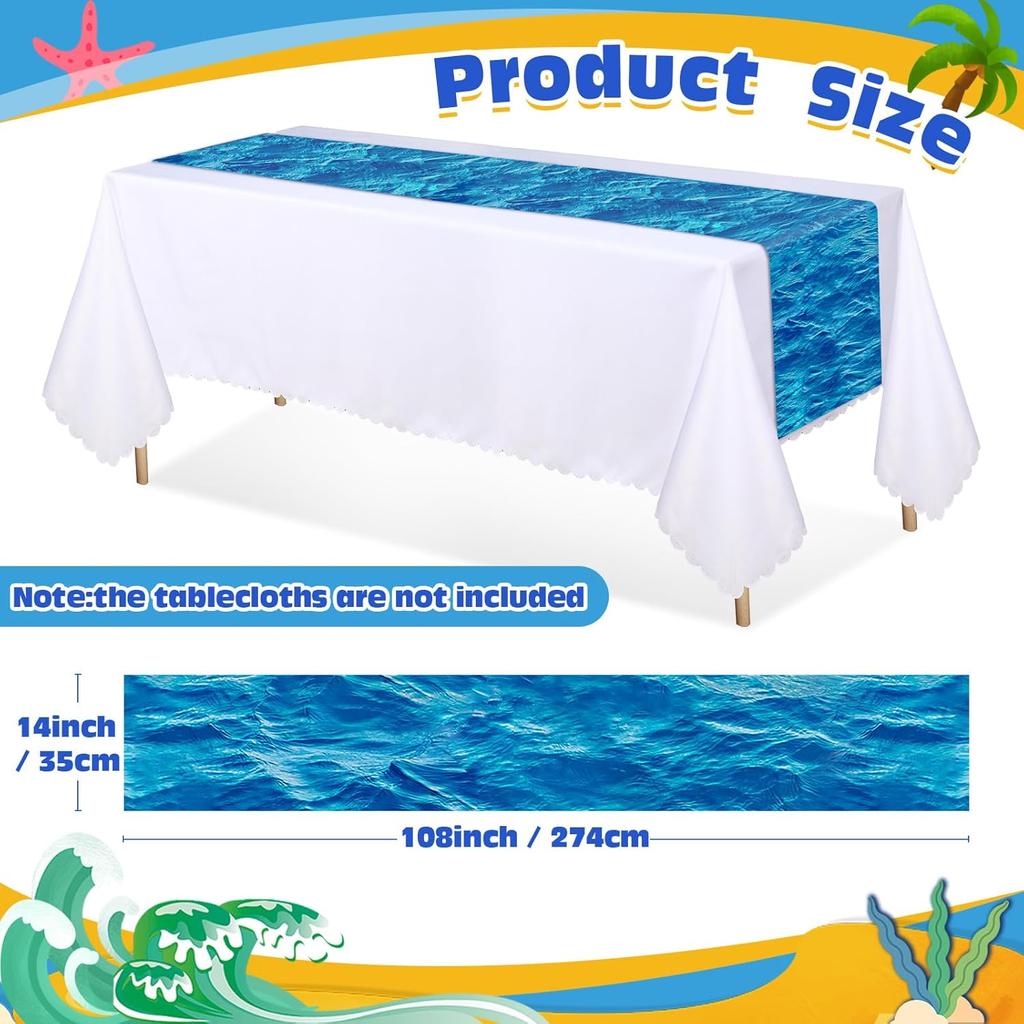VitalCozy 6 Pcs Ocean Plastic Table Runner 14 x 108 Inch Disposable Blue Water Print Coastal Table Runner for Summer Beach Birthday Mermaid Theme