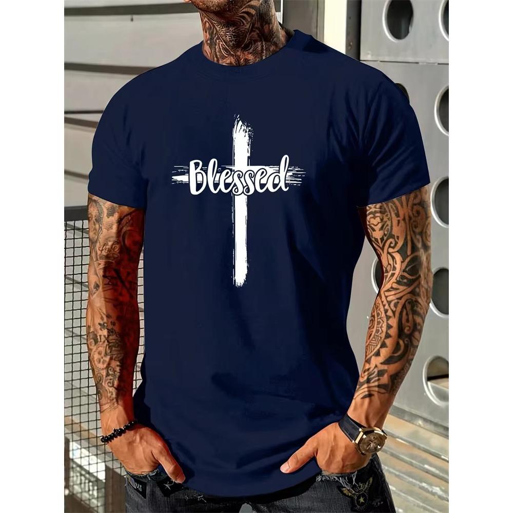 Christianity Cross Print Men's Fashion T-shirt Summer Daily Casual Mens Short-sleeved Top Outdoor Street Men's Religious T-shirt