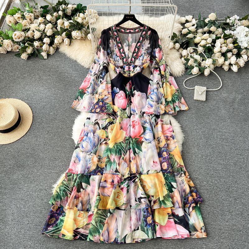 

European Style Retro Elegant Silm Long Chiffon Dress Black M