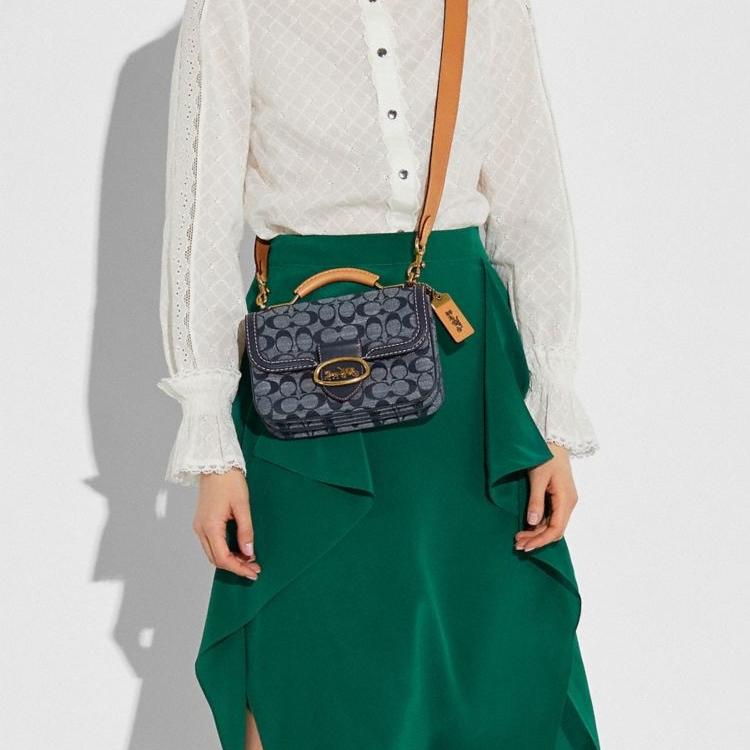 Coach Riley Floral Print Canvas And Leather Pillow Bag Women Handbags Denim-Blue 3630-B4RA3