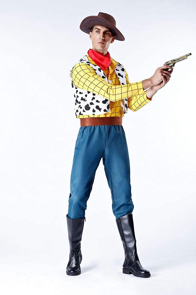 SCLYX Men's Cowboy Cosplay Costume with Hat and Bust, Adult Woody Costume, Top and Bottom Set, Toy Story, Halloween, EventParty Costume, #21185