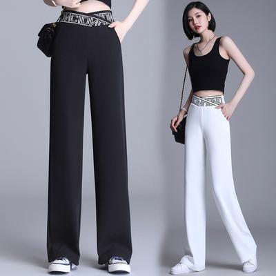 Calça Feminina de Perna Larga Verão Fina Cruzada com Letras Cintura Elástica Reta Longa Streetwear Solta Calças de Cintura Alta