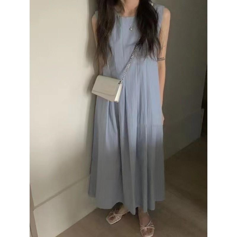 Summer Round Neck Pleated Sleeveless Vest Dress