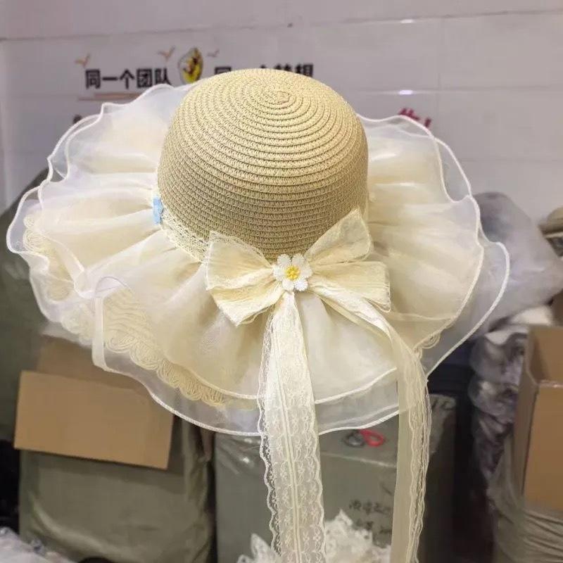 Original Flower Beach Hat Seaside Lolita Hat Sweet Knot Hat Straw Hat Mori Pastoral Sun Protection Straw Hat
