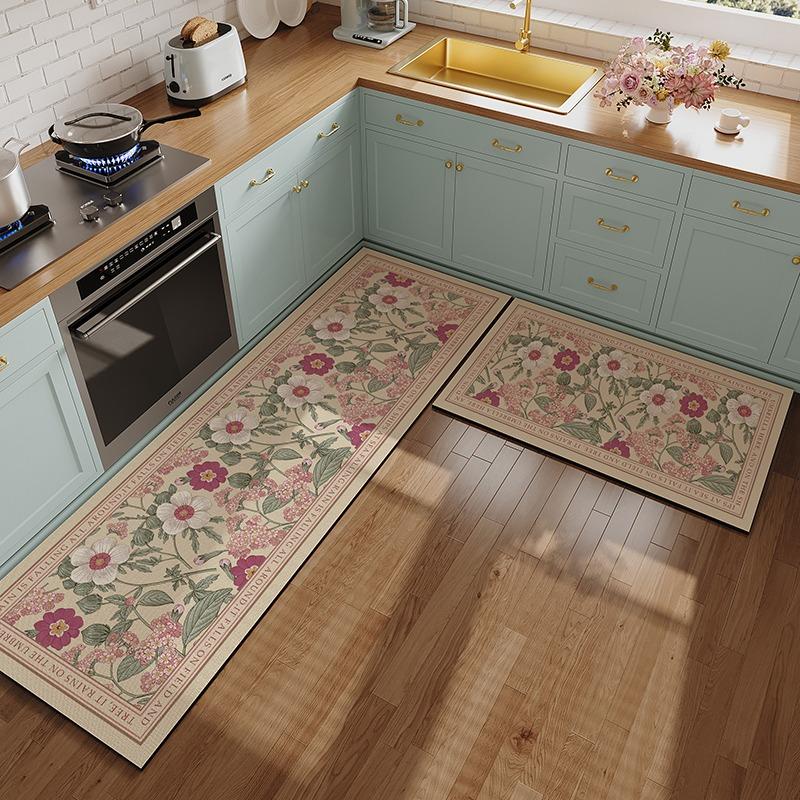 Kitchen Floor Mat Pvc Leather Waterproof Carpet Oil-Proof Floral Rug Home Decoration Long Foot Mats Alfombra De Cocina