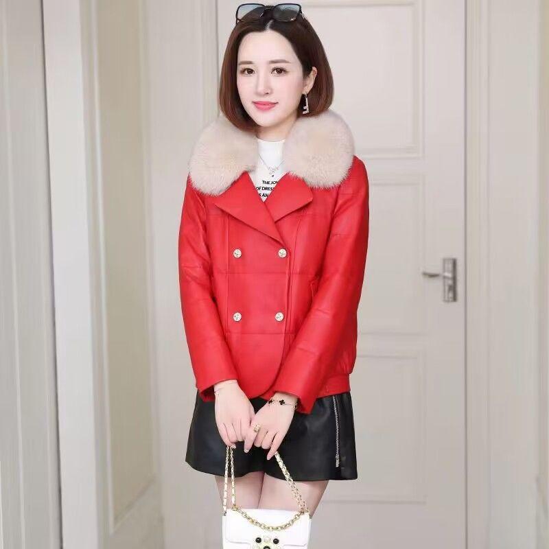 Haining leather jacket down cotton jacket women's short small winter clothing new Korean version fashion fur thickened leather jacket tide