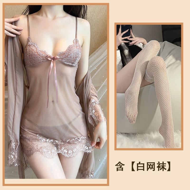 Sexy Women's Pajamas, Be Careful, Large Size Lace Mesh Yarn, Pure Desire Wind, Hot Transparent Robe, Four-piece Home Furnishing