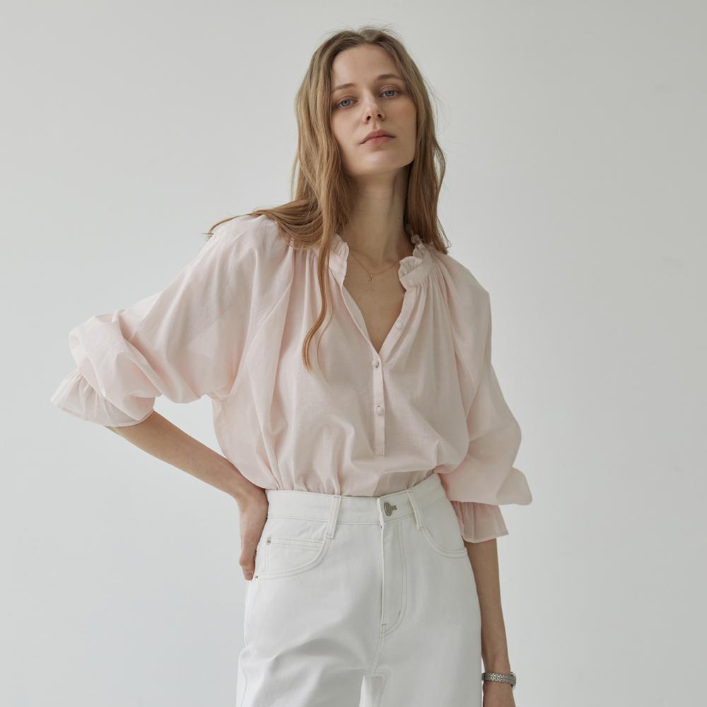 MOMET Vin Smoke Frill Blouse Pink