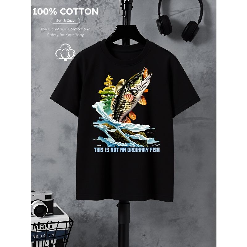 European Sizes Boys' Cotton T-shirt Fishing Fish Leaping Water Tree , Ideal for Outdoor Activities, Soft Knitted Top, Comfortable And Breathable