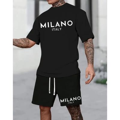 Elegante traje de verano de dos piezas para hombre con estampado, que incluye camiseta de manga corta con cuello redondo + pantalones cortos