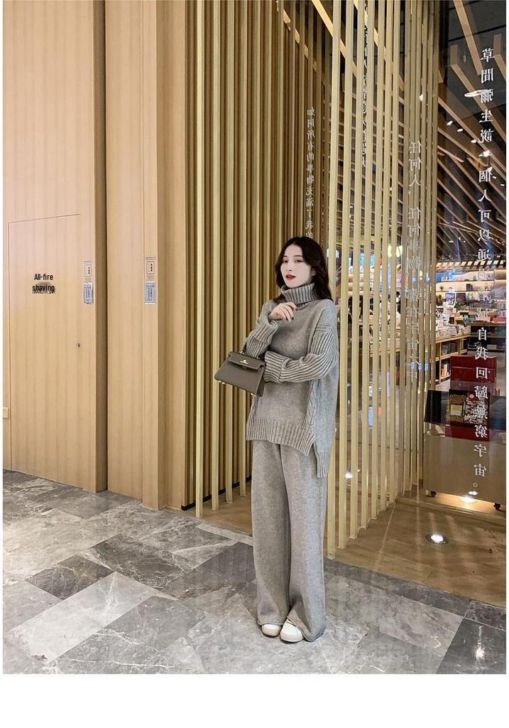 2021 Autumn/Winter Korean High Neck Slit Knitwear & Loose Wide-Leg Pants Two-Piece Set for Women