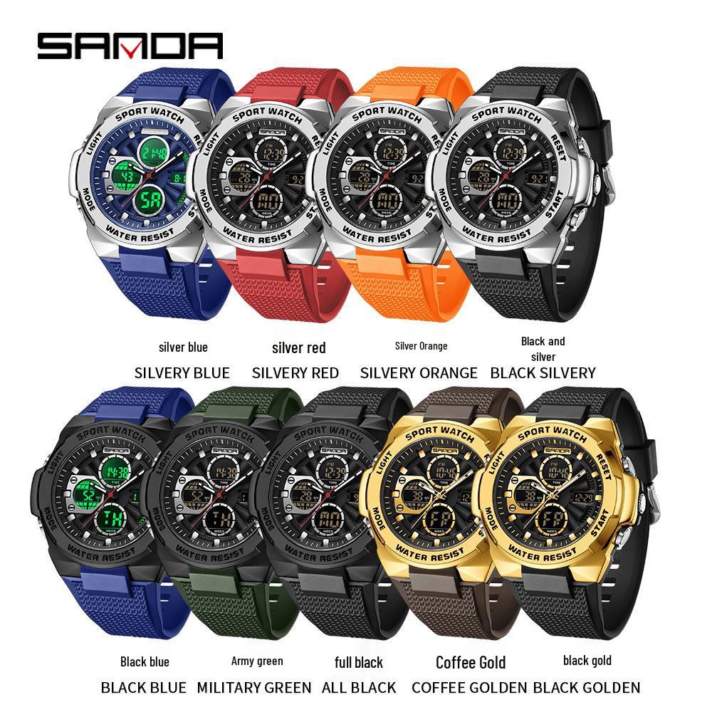 Sanda Men's Trendy Outdoor Sports Watch - Waterproof, Luminous, Multifunctional with Dual Display & Alarm.