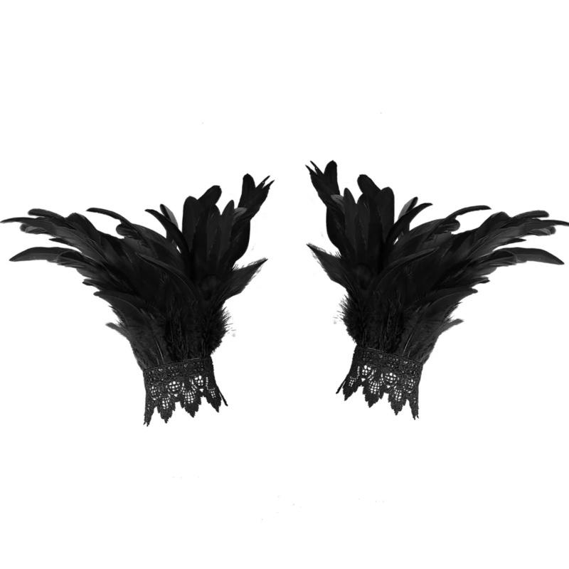 Feather Cuffs Mesh Sleeve Long Lace Feather Embroidery Cuffs Gothic Fashion Cuffs Halloween Party Stage Accessory For Man Women