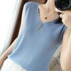 IHUASU Dámské letní tílko s výstřihem do V z ledového hedvábí, bez rukávů, pletené tričko, top, zakřivené korálky, slim, s krátkým rukávem, spodní topy