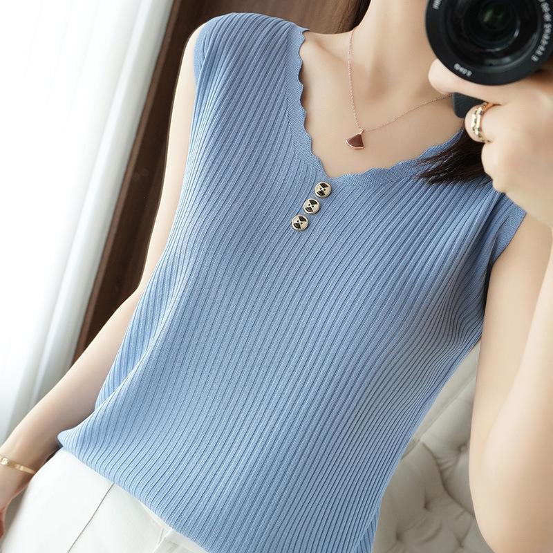 IHUASU Dámské letní tílko s výstřihem do V z ledového hedvábí, bez rukávů, pletené tričko, top, zakřivené korálky, slim, s krátkým rukávem, spodní topy
