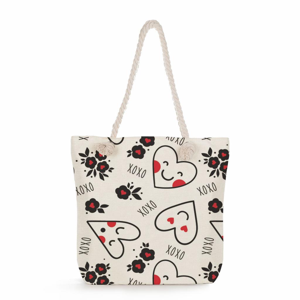 Multifunctional Valentine's Day Printed Thick Rope Shoulder Beach Bag Casual Large Capacity Handbag 0122