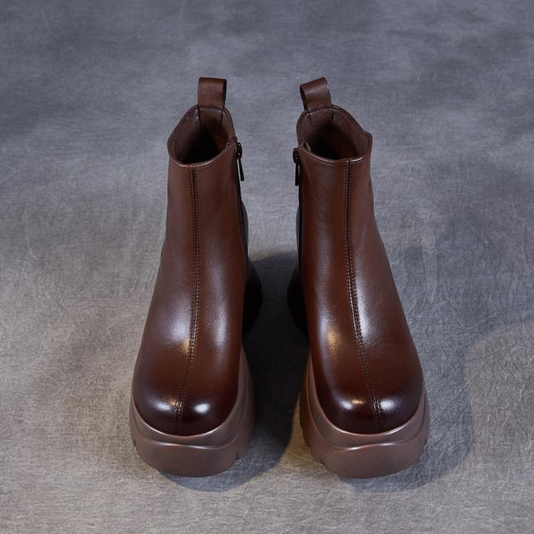 Johnature Round Toe Thick Soled Short Boots Genuine Leather High Heels Vintage Women's Platform Boots