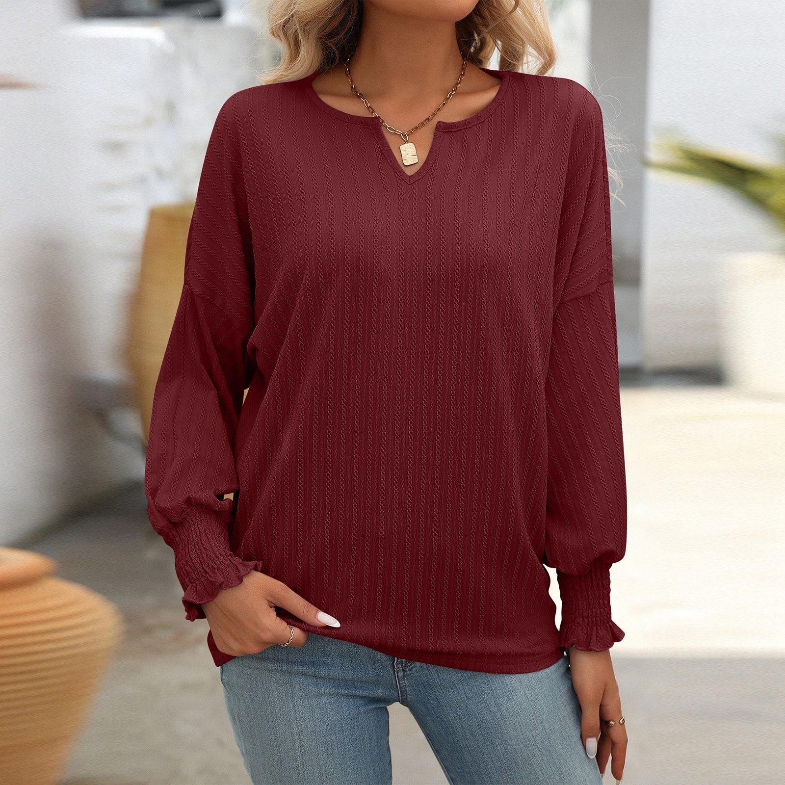 

Женская мода однотонная повседневная футболка с V-образным вырезом и длинным рукавом S винный