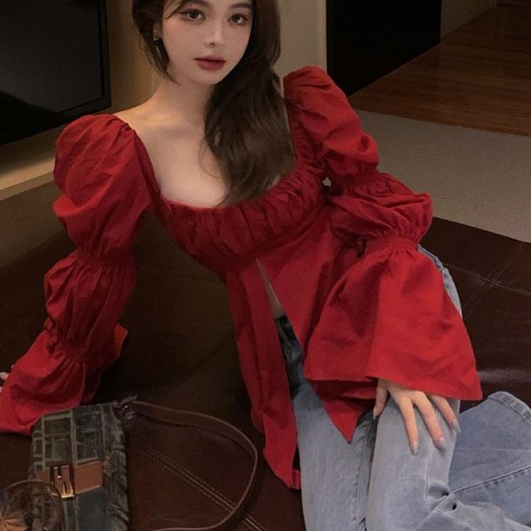 Korejská Čistá Sexy Horká Dívka Sexy Tričko Dámské Jarní Dlouhý Rukáv Čtvercový Límec Top Módní Dámské Oblečení Módní Dámské Oblečení