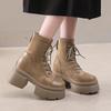 New Winter Thick Heel Cotton Boots for Women Round Head Suede Splicing Front Strap Thick Sole Non-slip Short Boots