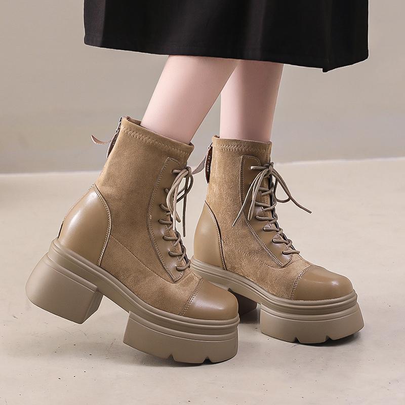 New Winter Thick Heel Cotton Boots for Women Round Head Suede Splicing Front Strap Thick Sole Non-slip Short Boots