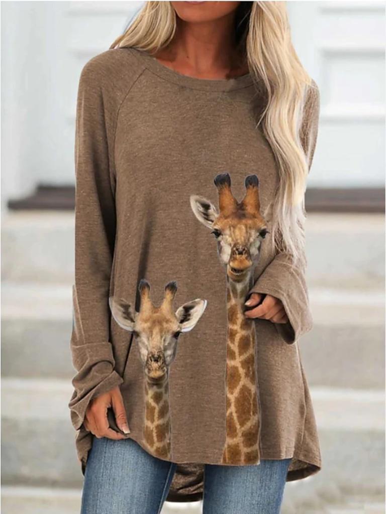 Plus Size Women Spring Giraffe Printed Comfy Long Sleeve Round Collar T-shirt Casual Baggy Mid Length Tee Tops