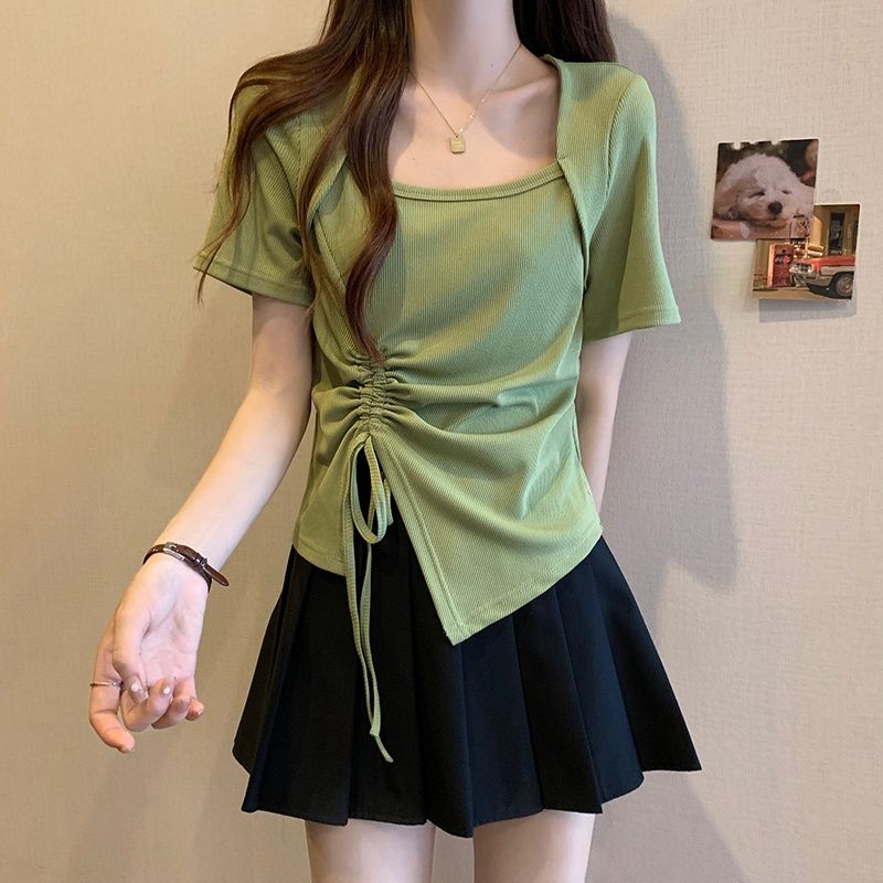 Pink Square Neck Short Sleeve T-shirt Pure Lust Spicy Girl Pleated Design Women Slim Top Casual Solid Color Korean Fashion