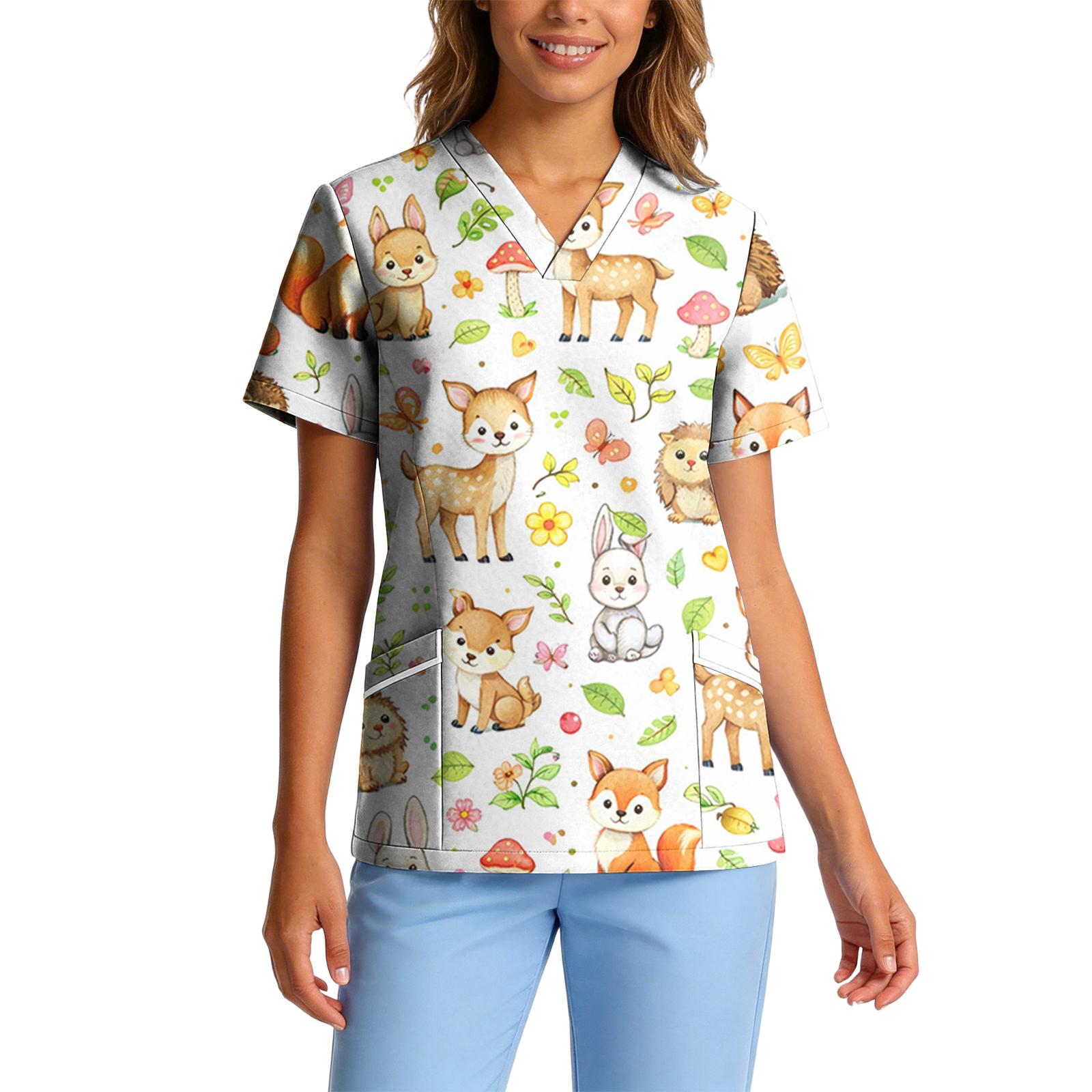 

Women s Stretch Quick-Dry V-Neck Short Sleeve Workwear Top with Animal Print & Pockets L жёлтый