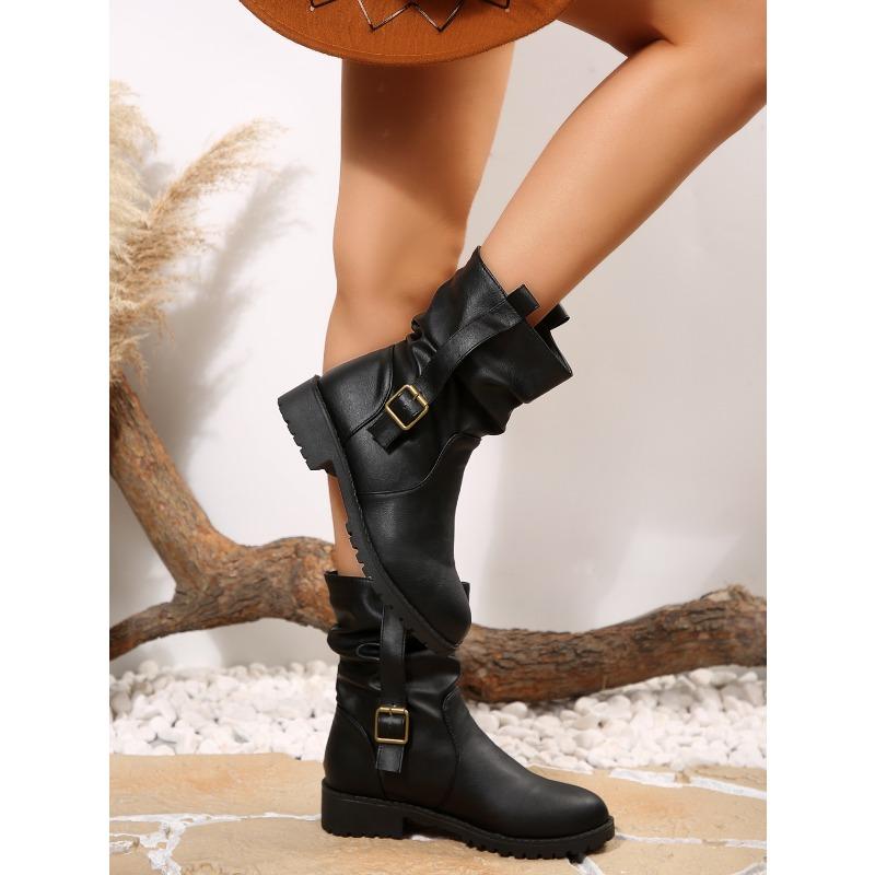 Round Scalp Belt Buckle Pleated Stack Boots 2025 Winter New Retro Plus Size British Style Thick Heel Martin Boots for Women