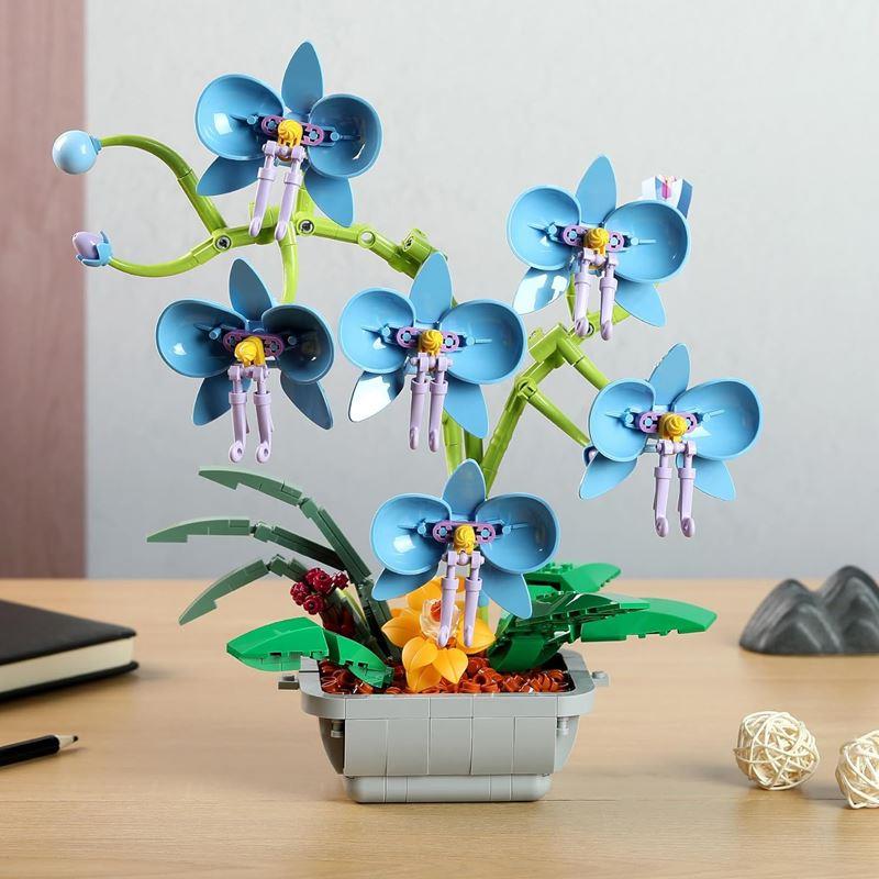 Construction Blocks Flower Orchid Blue Bouquet in Pot 581 pcs