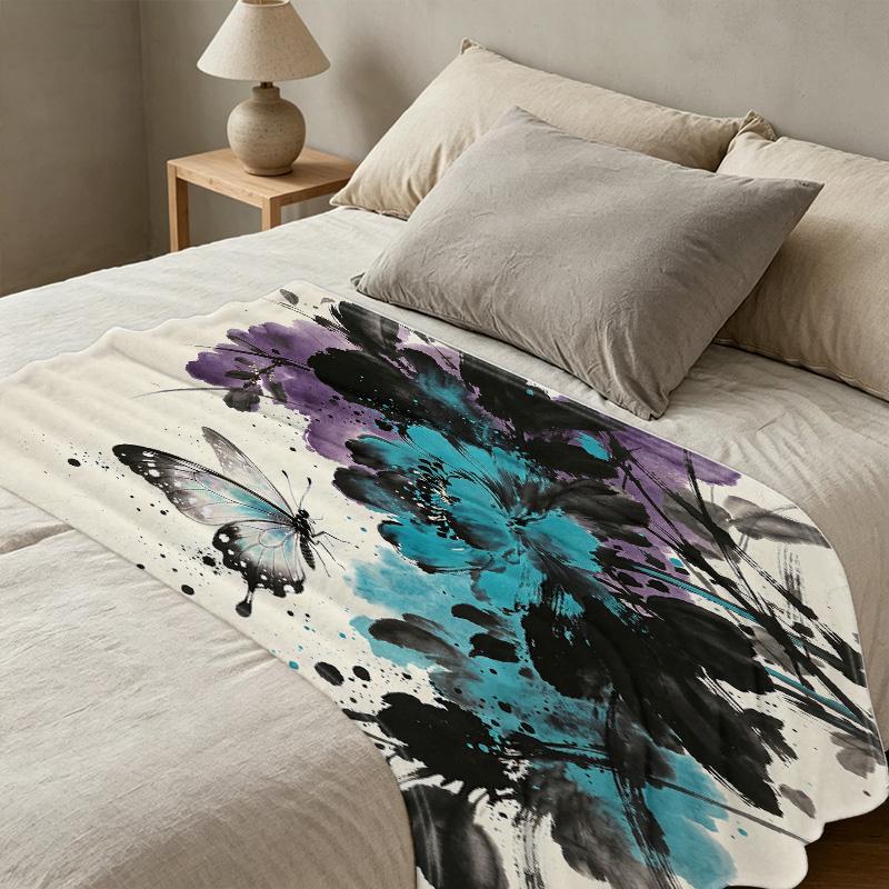 Soft Flannel Throw Blanket Lightweight, Warm Cozy, Floral Butterfly Print, Perfect for Home, Bay Window Decor, Christmas & Halloween