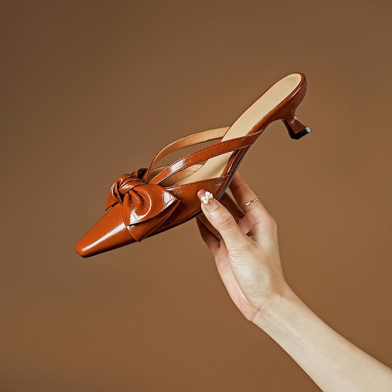 Point Toe Thick Heels Mules Women Pumps Genuine Leather Slippers Fashion Bowknot Shoes Woman 2024 Spring Summer Office Casual