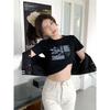 Funny girl navel print short-sleeved T-shirt summer new student black top