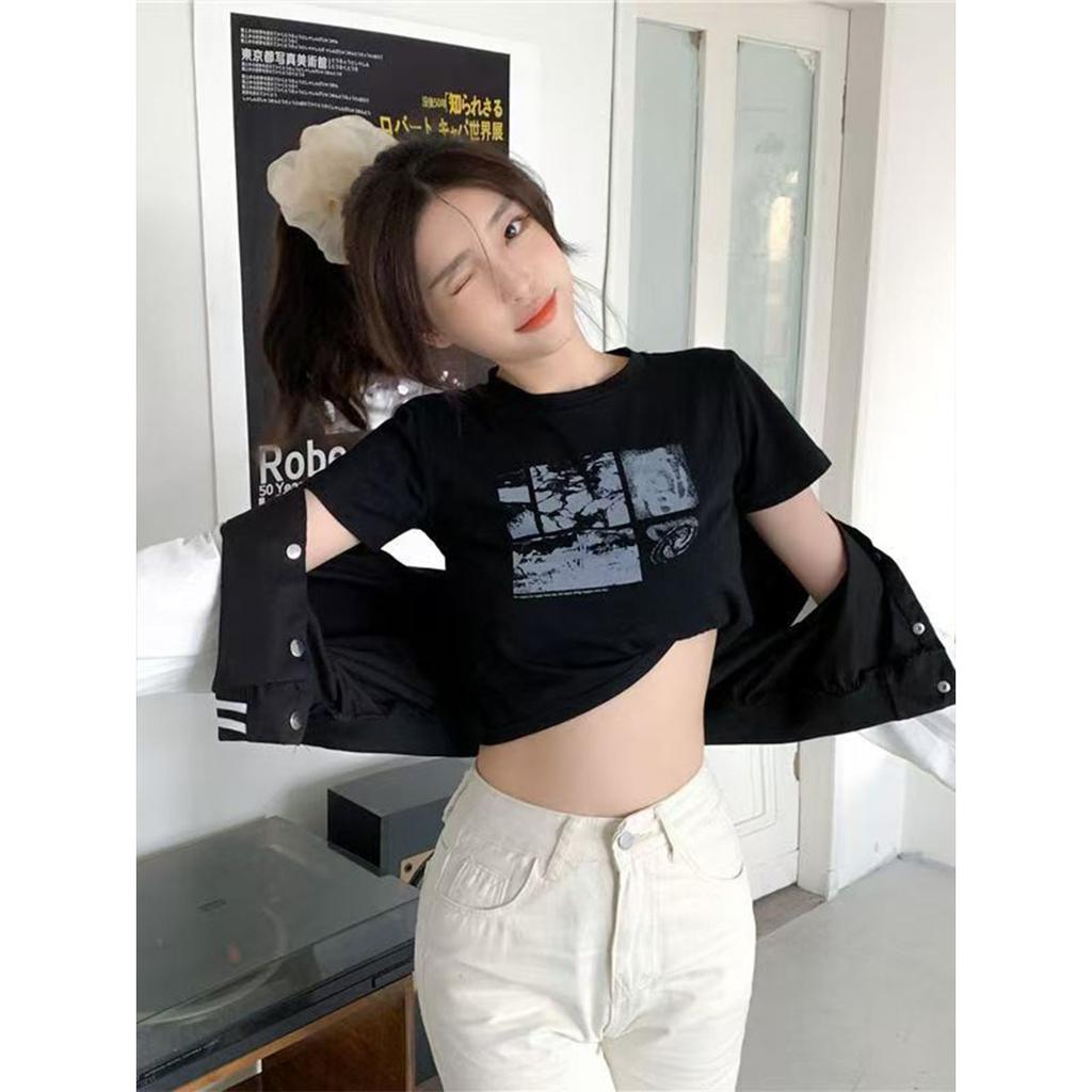 Funny girl navel print short-sleeved T-shirt summer new student black top