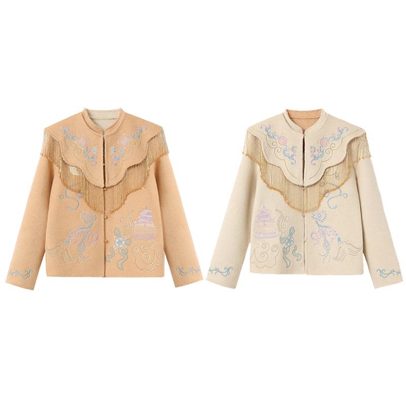 Embroidery Merino Wool Two-Color Double-Sided Coat and Skirt Set in New Chinese Style