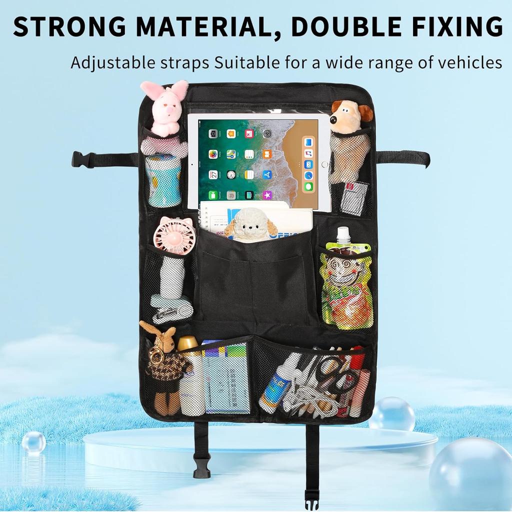Backseat Car Organizer With Touch Screen Tablet Holder, Storage Pockets, Foldable Food Tray, Kick Mats Back Seat Protector, Travel Accessories For