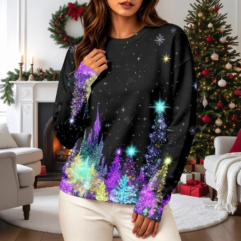 Women's Casual Long Sleeve Christmas Graphic Crewneck Sweatshirt Pullover Top for Holiday Wear